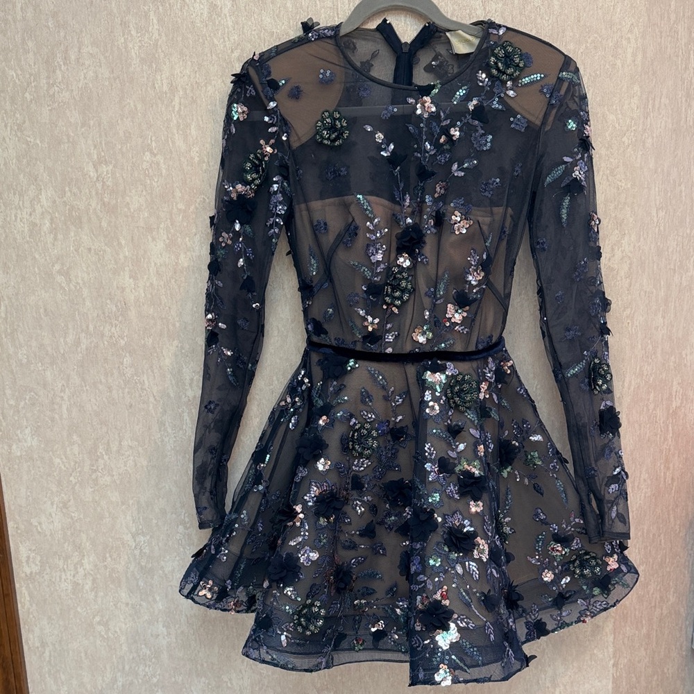 Bronx and Banco Navy Long-Sleeve Sheer Embroidered Floral Mini Dress